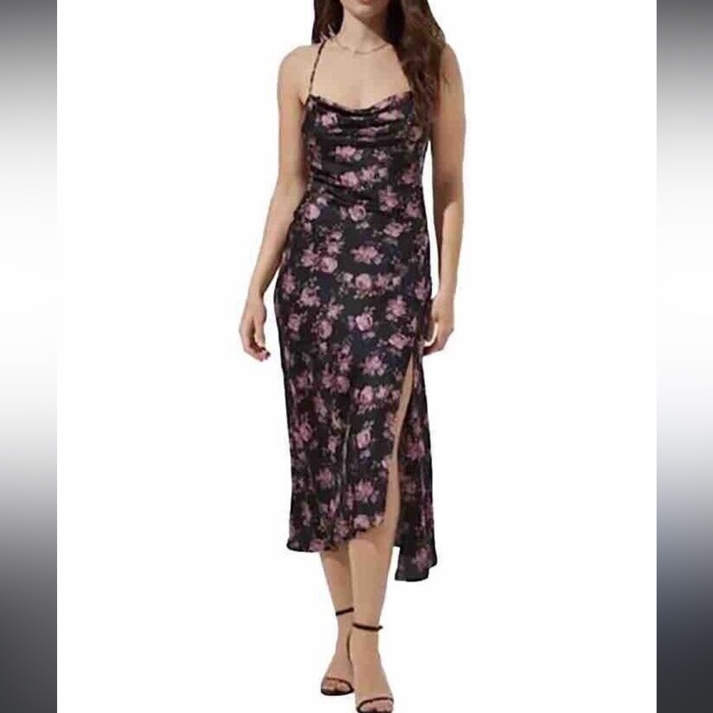 ASTR Women’s Gaia Navy Floral Midi Satin Dress